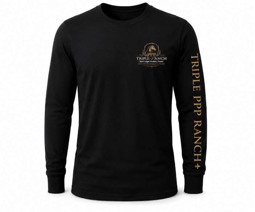 Triple PPP Ranch Long Sleeve Shirt — front view, chest logo and sleeve print