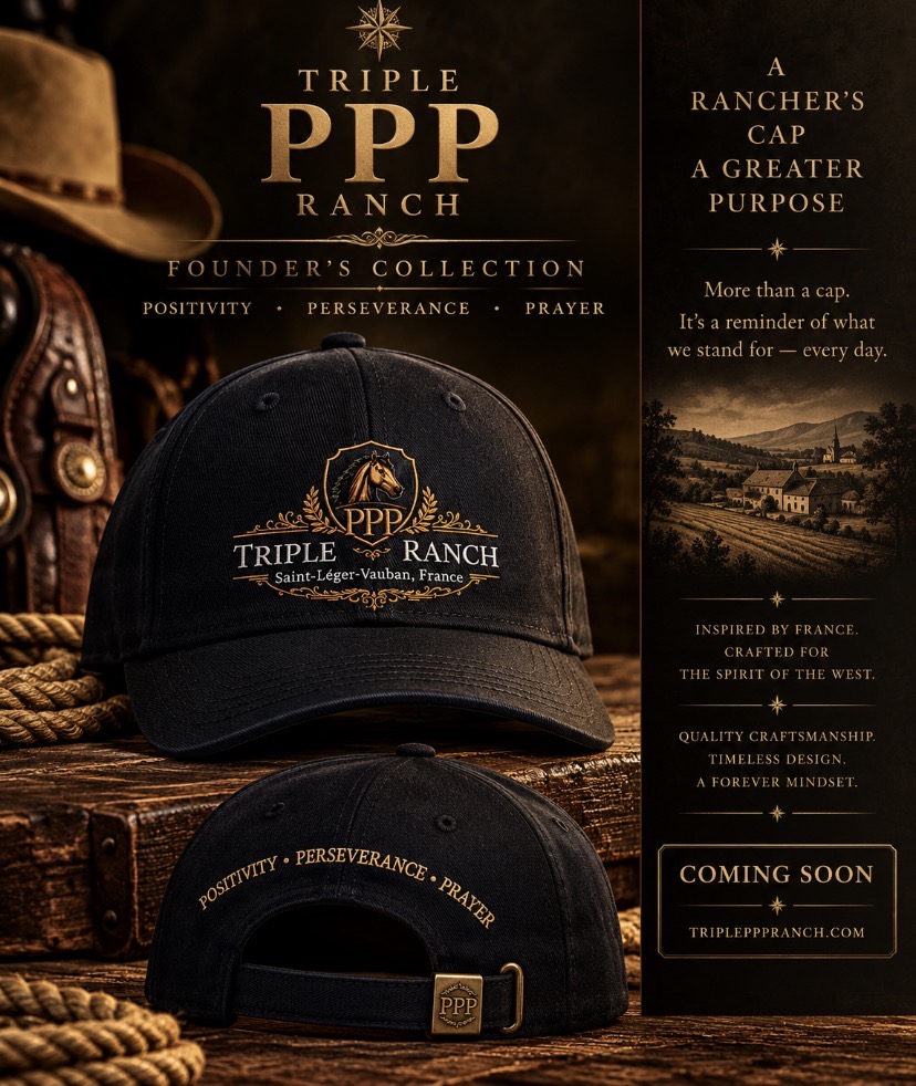 Triple PPP Ranch Founder’s Collection cap presentation showing front and back cap views in a premium ranch setting