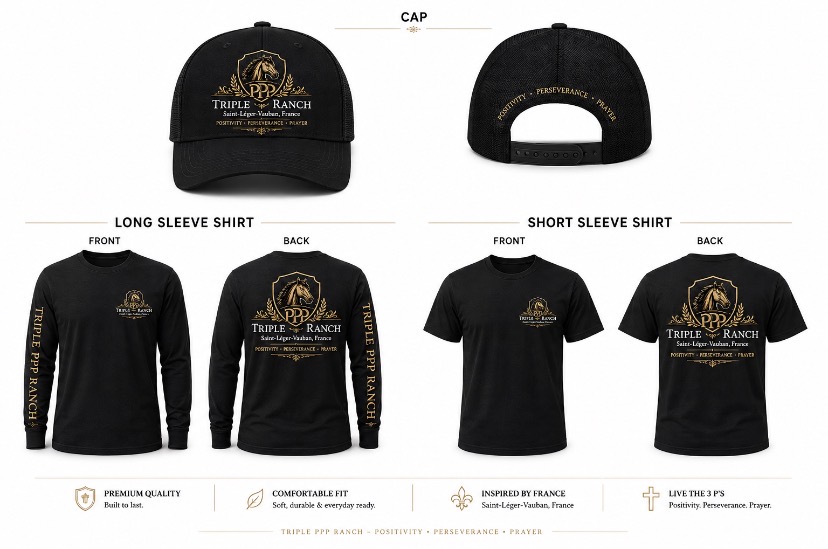 Triple PPP Ranch Founder's Collection — Cap front and back, Long Sleeve Shirt front and back, Short Sleeve Shirt front and back
