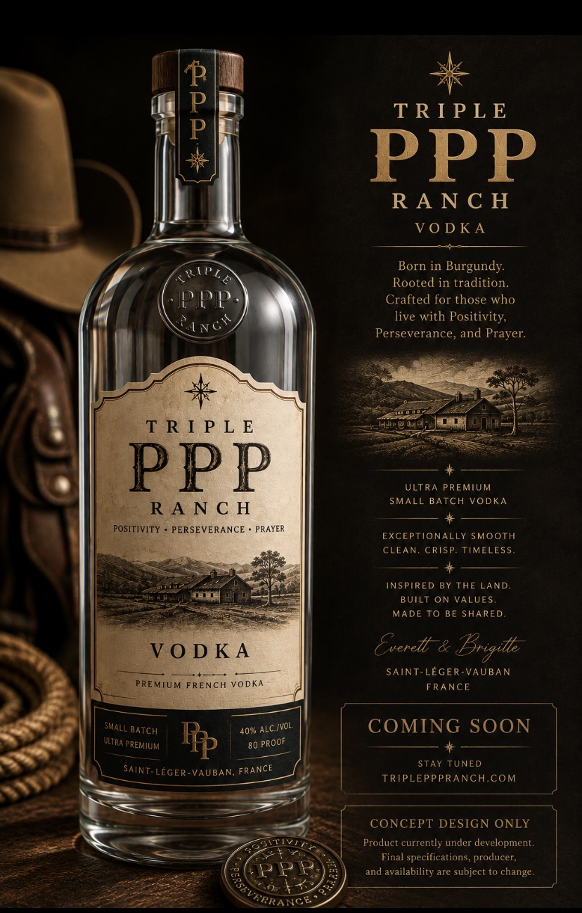 Triple PPP Ranch Vodka — concept bottle design, Small Batch Ultra Premium, Saint-Léger-Vauban, France