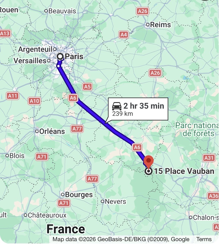 Map showing route from Paris to Triple PPP Ranch — 239 km, 2 hr 35 min